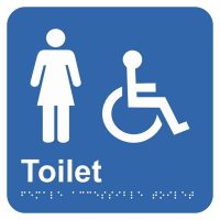 Image of a blue sign indicating a toilet with symbols for women and a wheelchair user. The text reads "Toilet".