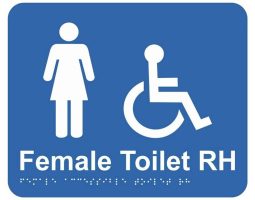 Image of a blue sign indicating a female toilet with symbols for women and a wheelchair user. The text reads "Female Toilet RH".