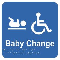 A blue sign featuring a graphic of a baby lying down for a change next to a wheelchair symbol, indicating a baby changing area.