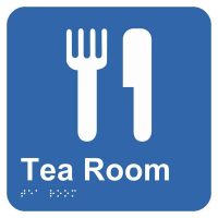 A blue square icon displaying a fork and knife symbol alongside the text "Tea Room," representing a designated area for dining or refreshments.