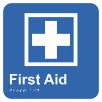 A blue square icon with a white cross symbol and the text "First Aid" below it, indicating emergency first aid services.
