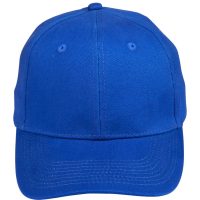 A front view of a blue baseball cap with a curved brim and six ventilation eyelets on the top.