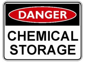 "DANGER CHEMICAL STORAGE" in bold red and black lettering, indicating the presence of hazardous chemicals.