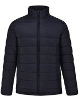 A dark blue puffer jacket with a high collar and a full front zipper. The jacket features horizontal stitching patterns across the fabric, indicating a quilted design for insulation.
