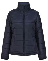 Navy blue puffer jacket with a zip-up front, a high collar, and quilted design, featuring side pockets for added convenience.