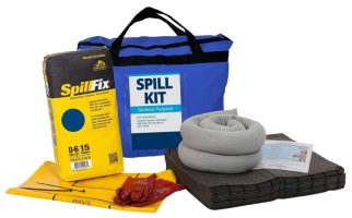 A photograph of a portable spill kit in a blue zippered bag, alongside an absorbent sock, pads, and a product leaflet, on a white background.