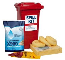 A mid-sized spill kit in a red bin featuring yellow absorbent materials, including pads and three circular absorbent socks.