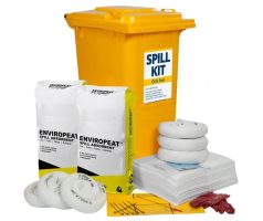 A photo of a comprehensive yellow mobile wheelie bin spill kit, surrounded by various absorbent products including pads, socks, and a large bag, on a white background.
