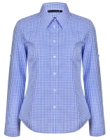 Image of a women's long-sleeve checkered shirt in blue and white, presented front-facing, with buttons down the front and a collar.