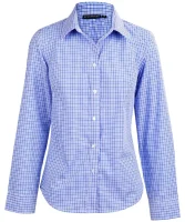 Women's blue checked dress shirt with long sleeves, buttoned down the front.