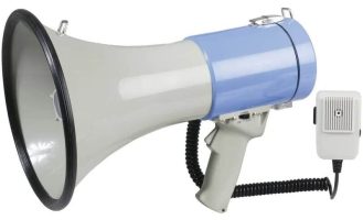 A portable white and blue megaphone (bullhorn) with a gray handle and a black coiled microphone cable.