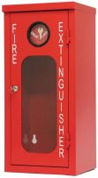 A red fire extinguisher cabinet featuring a large clear viewing window and white vertical "FIRE EXTINGUISHER" lettering.