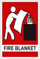 A square fire safety sign with a red border showing a black-and-white pictogram of a person using a fire blanket to extinguish a fire.