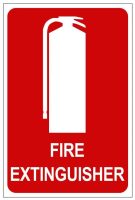 A flat rectangular fire sign with a red background, featuring a white graphic of a fire extinguisher and the word "FIRE" in bold white letters.
