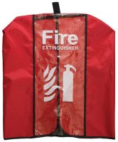 A red heavy-duty fabric fire extinguisher cover with a transparent window featuring a white "Fire Extinguisher" label and equipment icons.