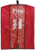 A red protective fire extinguisher bag with a clear front panel displaying a white fire extinguisher icon and bold text.