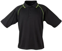 A black polo shirt with short sleeves and lime green piping along the collar and shoulders, designed for a sporty and casual look.