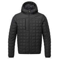 A black, zip-up puffer jacket with a hood and quilted design, showcasing a front chest pocket, ideal for cool weather.