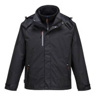 A black waterproof jacket with a high collar, multiple zippered pockets, and adjustable cuffs, displayed front-facing on a plain background.