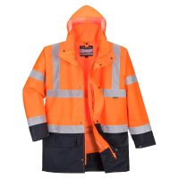An orange rain jacket with reflective strips, designed for visibility and safety, featuring an attached hood and an open front.