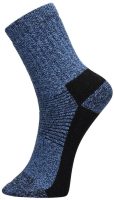 A close-up of a blue sock with a ribbed texture, featuring a black heel and reinforced toe area.