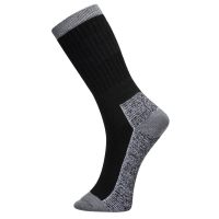 A close-up of a black sock with a ribbed texture, complemented by a gray heel and toe.