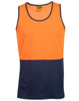 A sleeveless safety tank top that features a bright orange upper section and a navy blue lower section, designed for high visibility.