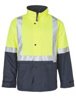 A high-visibility jacket featuring fluorescent yellow fabric with reflective stripes on the arms and chest, designed for safety in low-light conditions.