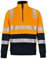 Image of a high-visibility safety sweater in orange with reflective stripes and a zippered neckline.
