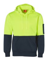 A bright yellow hoodie with a navy blue bottom half and a kangaroo pocket, featuring a drawstring hood and a sleeve pocket.
