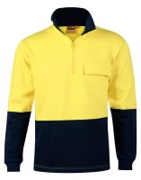 Image of a yellow and navy blue pullover with a quarter-zip neckline and a small chest pocket.