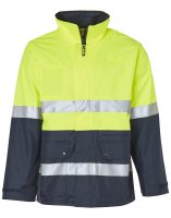 A bright yellow high-visibility jacket with reflective stripes and a dark blue base, designed for safety in various work conditions.