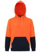 Image of an orange and navy blue hoodie, featuring a front kangaroo pocket and an adjustable hood.