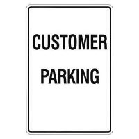 Image of a plain white sign with the text "CUSTOMER PARKING," indicating parking spaces designated for customers.
