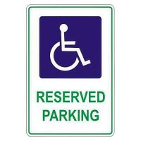 Parking sign featuring a graphic of a wheelchair user, with the text "RESERVED PARKING" in green lettering, indicating accessibility.