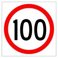 Image of a circular speed limit sign with a red border and the number "100" in bold black text inside.