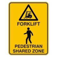 A caution sign with a yellow background displaying a black triangle containing an image of a forklift above the text "FORKLIFT" and "PEDESTRIAN SHARED ZONE" below.