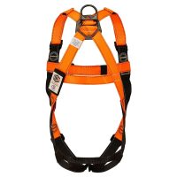 A full-body fall arrest harness made of high-visibility orange webbing. It features a dorsal D-ring at the back for tethering and adjustable straps for the shoulders and legs, used for protection when working at heights.