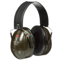 Heavy-duty olive green earmuffs with a wide black headband, featuring a 3M logo on the ear cup.