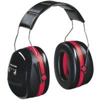 Industrial over-the-head earmuffs in black with a red stripe, featuring a wide padded headband for comfort.