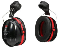 A pair of helmet-mounted earmuffs in black with red accents, designed to attach directly to hard hats.