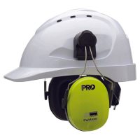A close-up photograph of a white industrial hard hat with integrated neon yellow and black electronic ear muffs, on a white background.