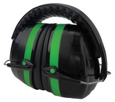 A pair of black over-the-ear earmuffs featuring two bright green vertical stripes on each ear cup and a thick, padded black headband.
