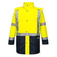 Image of a high-visibility yellow rain jacket with reflective strips, a button-up front, and a hood, designed for visibility in inclement weather.