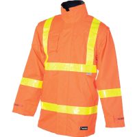 An orange safety jacket with reflective yellow stripes across the chest and arms, designed for increased visibility in low-light conditions.
