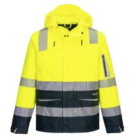 A bright yellow rain jacket with reflective grey stripes, featuring a hood and a zippered front, designed for safety in low visibility conditions.