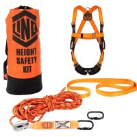 A standalone orange safety harness, a high-visibility storage bag, a shock-absorbing lanyard, and a coiled safety rope.