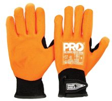 A pair of orange safety gloves with a textured grip and black wrist cuffs. The gloves feature the brand name "PRO" and are suitable for work or outdoor activities.