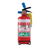 A red fire extinguisher with a black base and blue top, featuring a white label with green and red instructional icons.