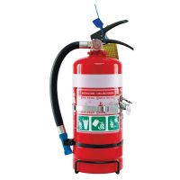 A small portable ABE fire extinguisher in a red cylinder with a white band, black hose, and a mounting bracket attached at the base.